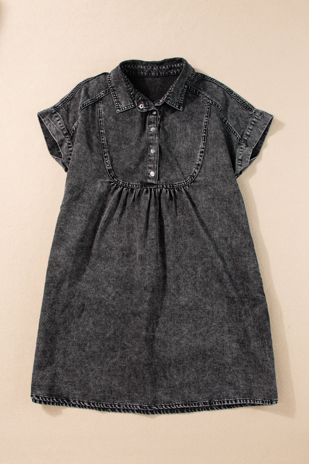 Black Acid Wash Button Front Collared Short Sleeve Denim Dress